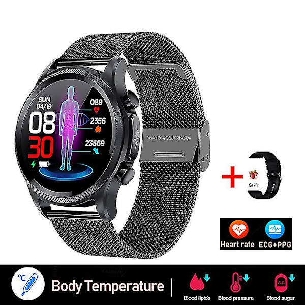 2022 Blodglukose Smart Watch Ecg+ppg Overvågning Blodtryk Kropstemperatur Smartwatch Herre Ip68 Vandtæt Fitness Tracker - Smart Watches Mesh belt black