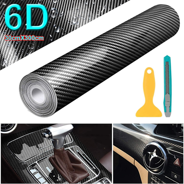 6d Carbon Film, 30 X 300 cm Carbon Fiber Vandtæt Bil Vinyl selvklæbende klistermærke til computer, smartphone taske, motorcykel, køretøj (sort)