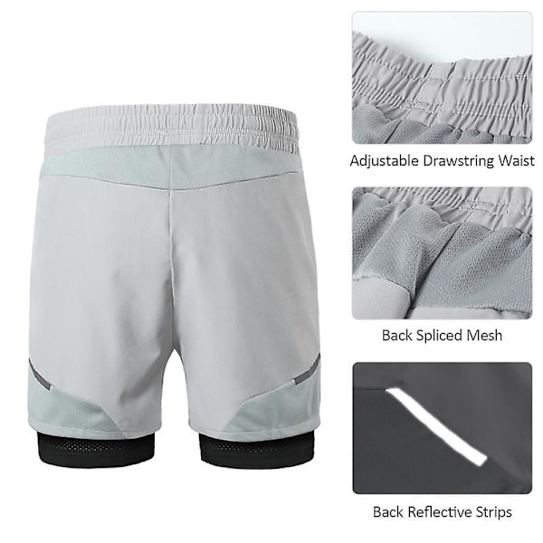 2-i-1 löparshorts för män med dragkedjefickor Snabbtorkande träningsshorts för träning gym träning Light Grey L