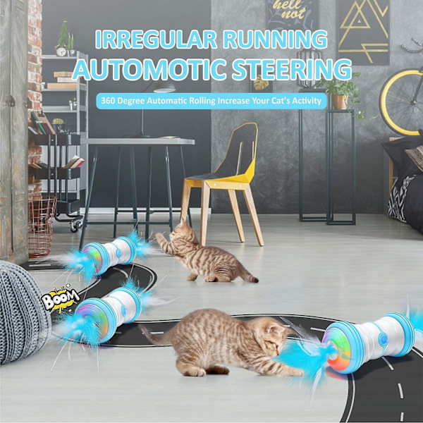 Interaktiva kattleksaker, elektrisk automatisk robotkattleksak, inbyggt aktivt program, utbytesfjäder, färgglatt ljus, klockor, rolig rörelselek för katt