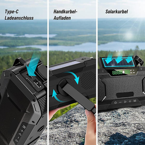 Hätäradion kannettava Bluetooth kaiutin aurinkokampiradio LED-taskulamolla lukuvaloilla 5000mah