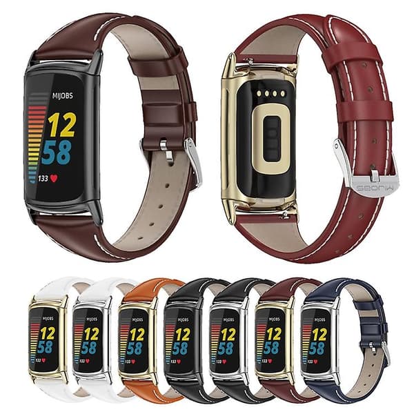 Til Fitbit Charge5 Mijobs Slim urrem i ægte læder White-Gold