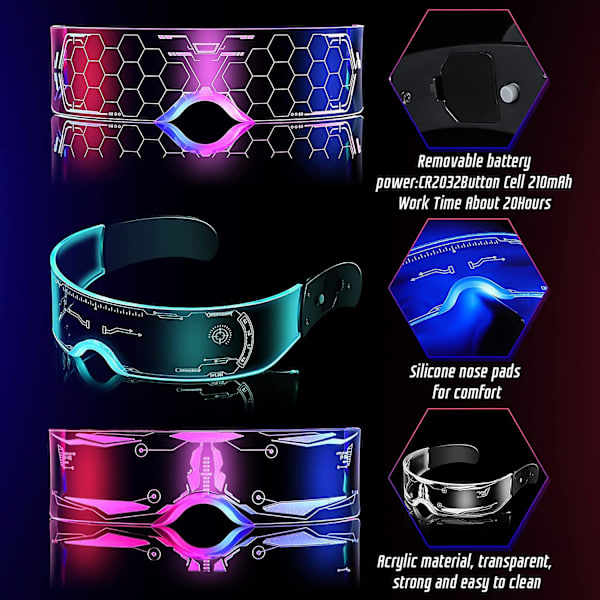 3 stk Led visirbriller, 7 farger og 5 modi futuristiske briller Cyberpunk Light Up Goggles selvlysende briller