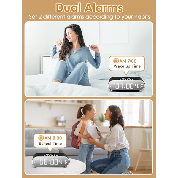 Vekkerklokke med trådløs lading, dimmer, svart
