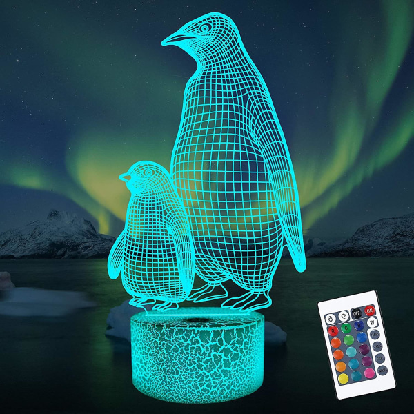 Penguin 3d natlys til børn, 16 farver skiftende illusionslampe med fjernbetjening Dæmpbar funktion 4 blinkende tilstand, indretning til børn i soveværelset