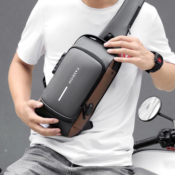 USB Charging Sport Sling Bag Hane Anti-Theft Bröstväska Med Lösenordslås Black