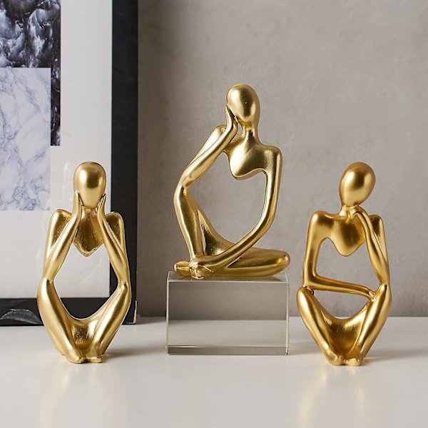 Guld dekorativ tänkarestaty abstrakt konstskulptur, set av 3 guldharts samlarfigurer för