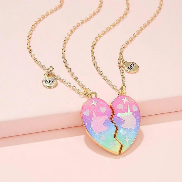 2 st/set Enhörning Mönster Glitter Hjärta Hänge Bästa Vänner Bff Vänskap Magnetisk Halsband För Flickor Smycken Present