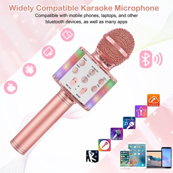 Karaokemikrofon for barn, bærbar trådløs Bluetooth-mikrofon med LED-lys for gutter og jenter Roségull