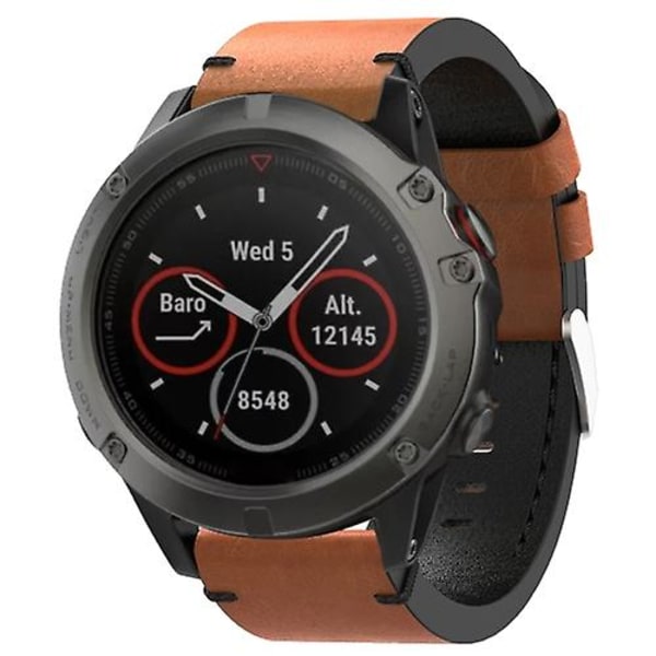 Til Garmin Fenix ​​5x Sapphire 26mm Læder Sutur Stål Spænde Urbånd Brown