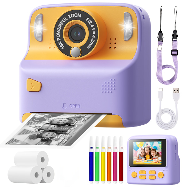 Digitalkamera 1080P HD Børne Instant Print Kamera 2.4 Tommer IPS Skærm Lilla