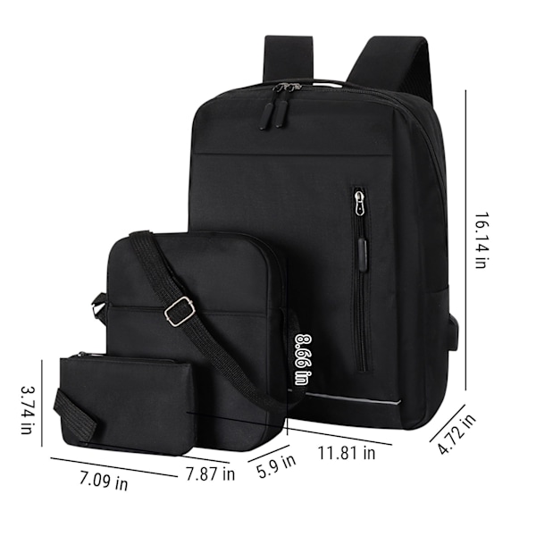 Vattentät Resebackpack för Laptop med Axelväska och Myntplånbok, Collegeväska Tre-delad Set Svart