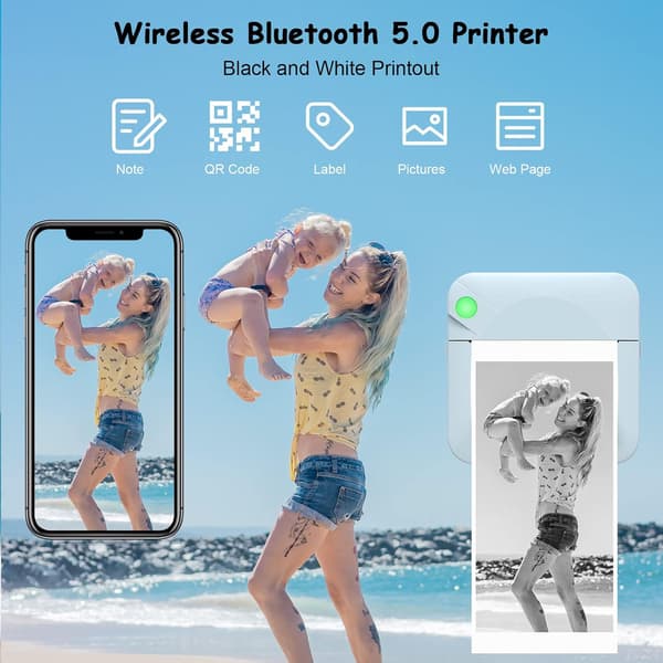 Mini Bluetooth Termisk Printer blækfri etiketprinter med 14 ruller trykpapir, blå