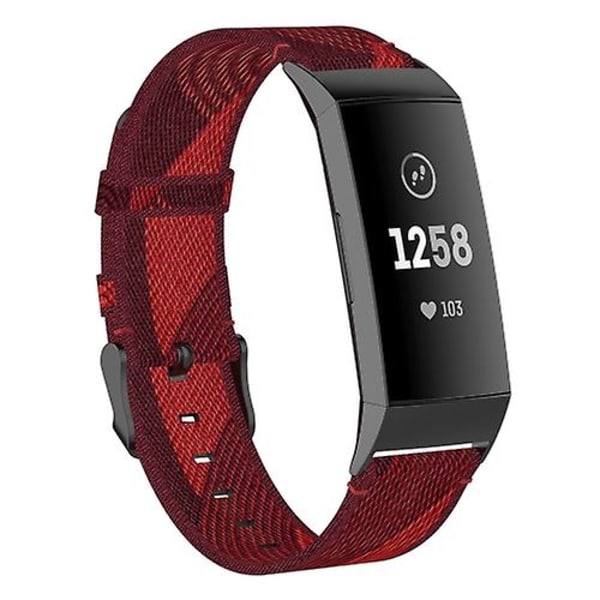 Til Fitbit Charge 4 / Charge 3 Se rustfrit stål hoved korn nylon denim erstatningsrem urrem Red Stripe