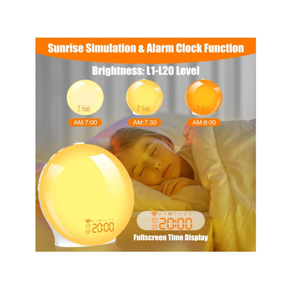 Sunrise Alarmur med Fuld Skærm Vækkelys med Solopgang og Solnedgang Simulation Dobbelt Alarm Snooze Funktion