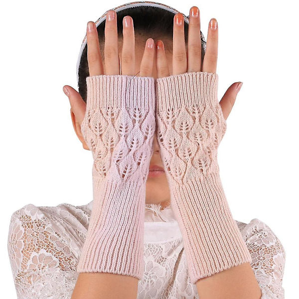 Dame Lang Håndbroderede Handsker Strikkede Varme Til Vinter Fingerless Light Pink