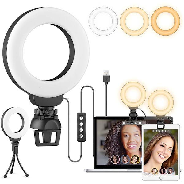 4\" Ring Light til bærbar computer med stativ, konferencebelysningssæt, 3 lystilstande dæmpbar LED-ringlys til møder, makeup, selfie, videooptagelse, stream