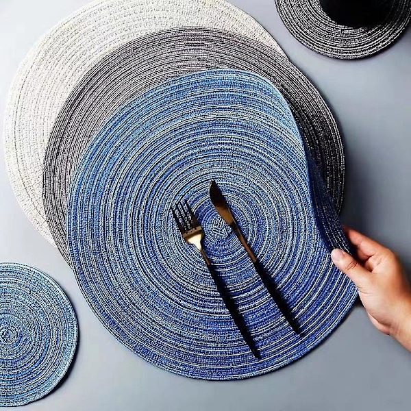 15 tommers runde flettede bordbrikker, sklisikre sett med 4 for spisebord og kjøkkenbord Blue 18cm