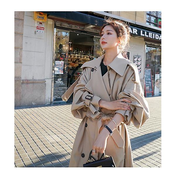Trenchcoat för kvinnor Lös oversize lång jacka Dubbelknäppt bälte Dammantel Grå vindjacka Khaki M