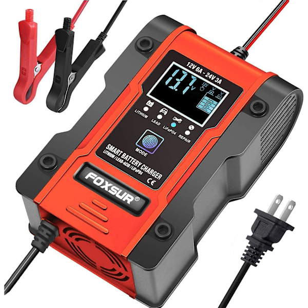 Litiumbatteriladdare, 12v/24v 6amp helautomatisk intelligent bilbatteriladdare (litiumbatterier, blybatterier, kalcium, etc)/underhållare Red