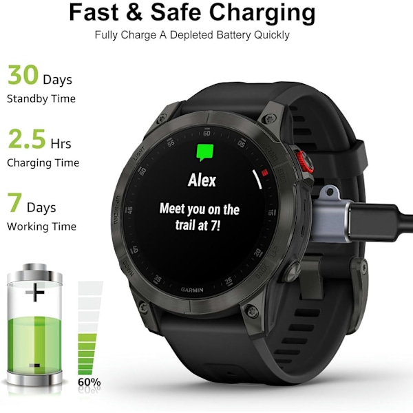 Laddare för Garmin Fenix ​​7/7S/7X/6/6X/6S, etc.