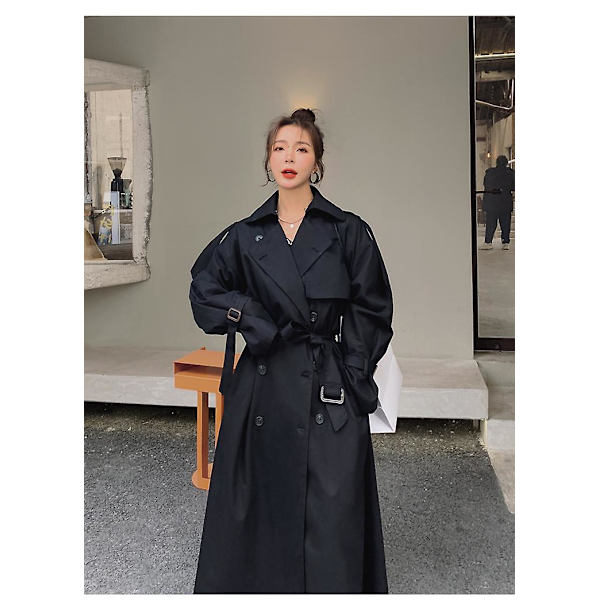 Trenchcoat för kvinnor Lös oversize lång jacka Dubbelknäppt bälte Dammantel Grå vindjacka Black XXL