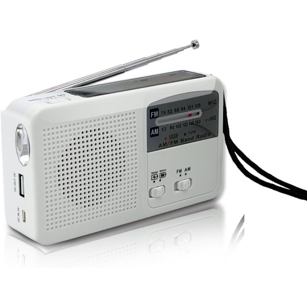 Bærbar Nødradio med Solcelle, Håndsveiv og Selvdrevet USB-Batterilading Hvit