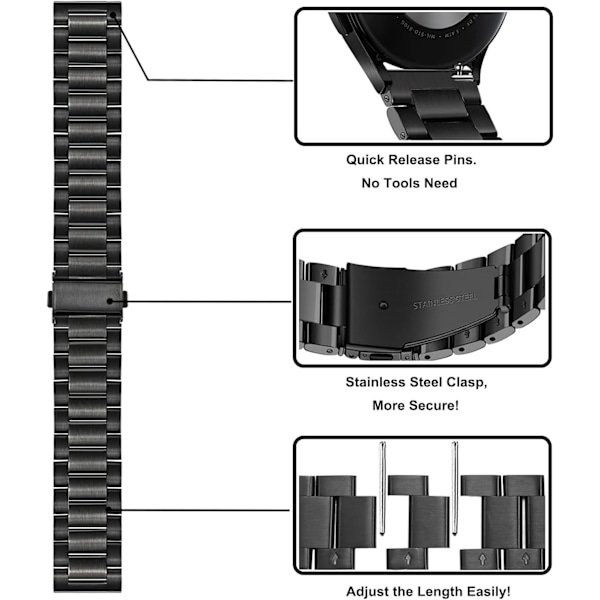Rem Sæt til Galaxy Watch 6 Classic 43mm 47mm 7 6 5 40mm 44mm/5 Pro 45mm/4/4 Classic 42mm 46mm, 20mm 2 Pak Solidt Rustfrit Stål Urrem + 20mm