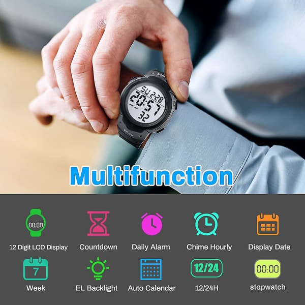 Herre vanntett digital elektronisk sportsklokke Militær utendørs sportsklokker multifunksjonssiffer