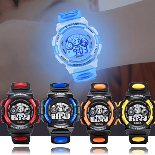 Elektronisk ur til børn Farve lysende skivelevetid Vandtæt multifunktions elektronisk ur til drenge og piger black