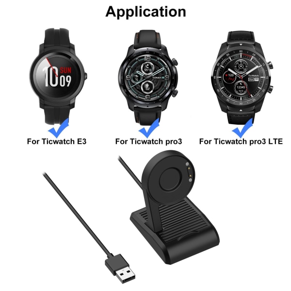 Ladedokkingstasjon for Ticwatch E3 Smart Watch Laderkabel USB ladedataholderbase