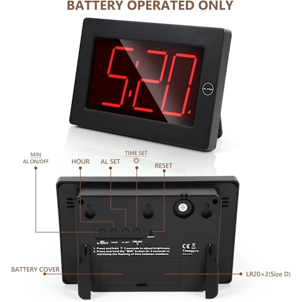 LED Digital Veggklokke Batteridrevet - Stor Digital Klokke med Display, Justerbar Lysstyrke, Vegg- eller Bordmontering Svart-rød