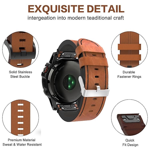 Til Garmin Fenix ​​6x Pro 26mm læder sutur stålspænde urbånd Coffee