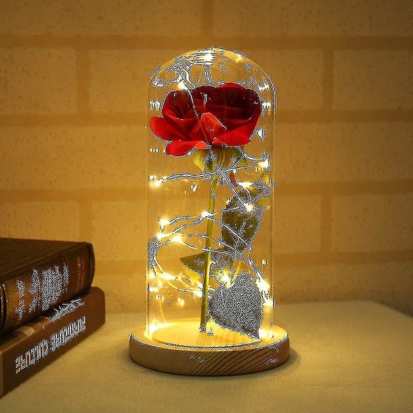 Rose Vase Beauty Bordlampe Rød Rose Med Led Lys Glaskuppel Valentinsdagsgave