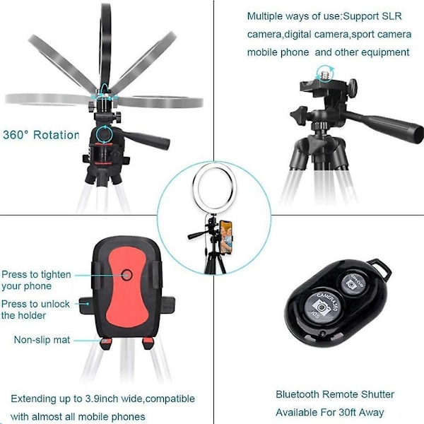 Led-rengasvalo, puhelinvalon jalusta Bluetooth-kaukosäätimellä, 16 cm