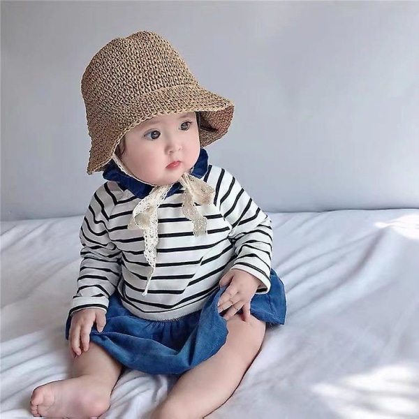 Casual söpö Kids Bucket Hat Straw Fisherman Lace Cap Auringonkestävä hattu Khaki