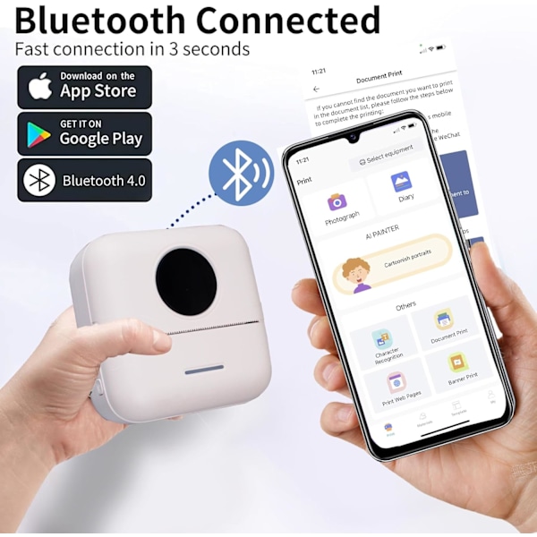 Kannettava musteeton taskukokoinen Bluetooth-lämpötulostin 5 rullalla paperia päiväkirjaan/DIY-leikekirjaan/matkailuun/muistiinpanoihin, valkoinen
