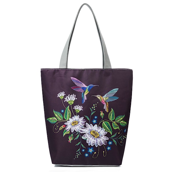 Håndveske med brodert blomster og fugletrykk Bærbar allsidig skulderveske s4