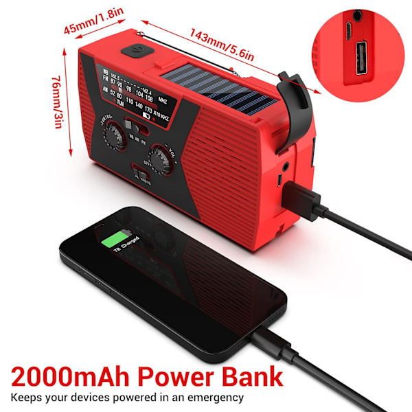 Hätäsääradio, Anpro 2000mAh aurinkokäsikammen sääradio LED-taskulamolla, SOS