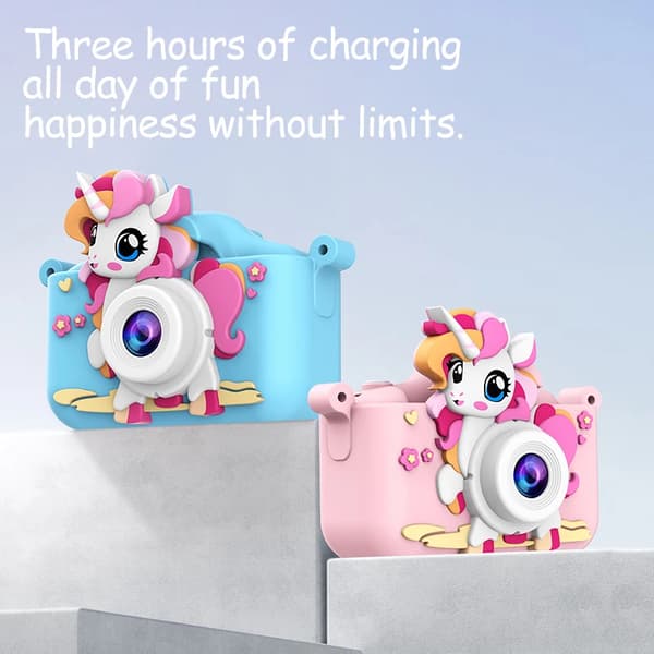 Sød pony Børnekamera 1080P HD Dobbeltkamera blå