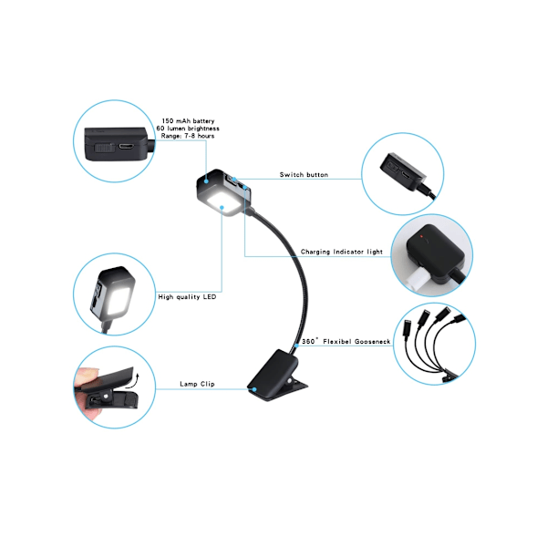 Genopladelig Boglampe, 4-pak, Mini Klipslamper -