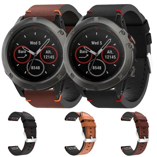 Til Garmin Fenix ​​5x Sapphire 26mm Læder Sutur Stål Spænde Urbånd Brown
