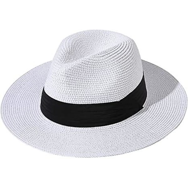 Kvinnor Bred Brätte Halm Panama Roll Up Hat Bälte Spänne Fedora Beach Sun Hat Upf50+ White