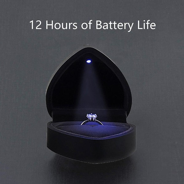 Led ringboks hjerteform fløyelsholderboks med lys for forlovelse Black