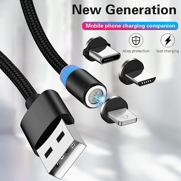 3-in-1 magneettinen latauskaapeli, magneetti USB-kaapeli, magneettinen datakaapeli, pikalatauskaapeli yhteensopiva Micro USB Type-c -tablettien ja puhelimien kanssa Black