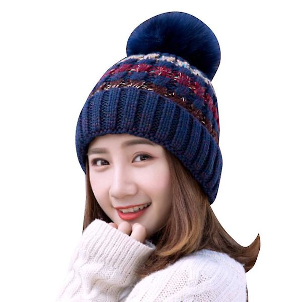 Dame Vinter Varme Strikkede Hue Hat Halstørklæde Pom Pom Hue Hat Cap Dark Blue