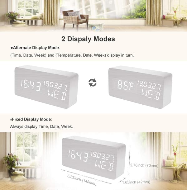 Väckarklocka Trä Digital Klocka Dekorativ Modern LED (Vit)