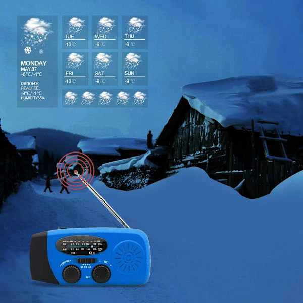 Nödhandvevradio med solpanel, LED-ficklampa med 2000mAh mobil strömförsörjning Blå