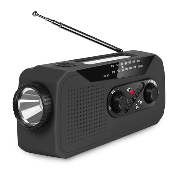 Bærbar solcelledrevet håndsveivradio, svart