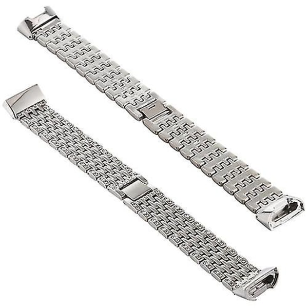 For Fitbit Charge 3 klokkebånd i rustfritt stål med diamantbeslag Silver